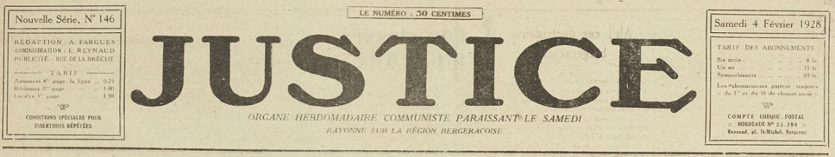 Photo (BnF / Gallica) de : Justice. Bergerac, 1918-1933. ISSN 2113-6750.