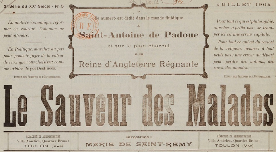 Photo (BnF / Gallica) de : Le Sauveur des malades. Toulon, 1896-[1907 ?]. ISSN 2496-0047.