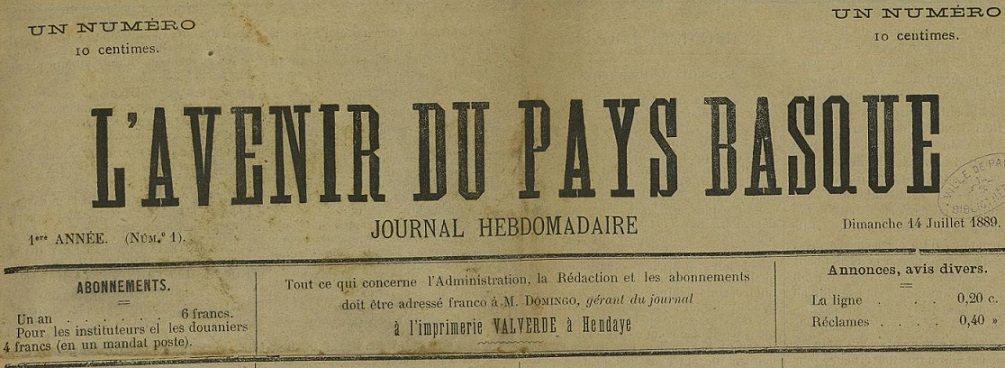 Photo (Bibliothèque municipale (Bayonne, Pyrénées-Atlantiques)) de : L'Avenir du Pays basque. Hendaye, 1889. ISSN 2016-1018.