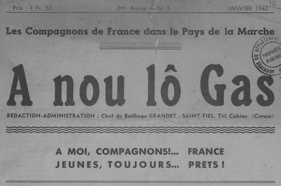 Photo (Creuse. Archives départementales) de : A nou lô Gas. Saint-Fiel, [1941 ?-1942 ?]. ISSN 2825-7782.