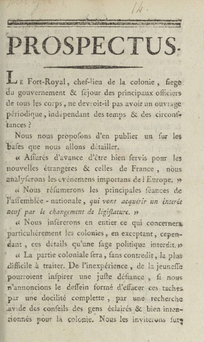 Photo (BnF / Gallica) de : Affiches littéraires & politiques de la Martinique. Fort-Royal, 1791. ISSN 2827-6272.