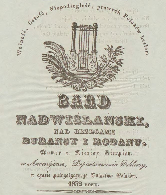 Photo (Biblioteka publiczna miasta stolecznego Warszawy) de : Bard Nadwiślański, nad brzegami Duransy i Rodanu. Avenijon, 1832-1833. ISSN 2966-5485.