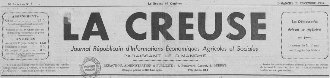 Photo (Creuse. Archives départementales) de : La Creuse. Guéret, 1934-1944. ISSN 2125-0022.