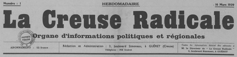 Photo (Creuse. Archives départementales) de : La Creuse radicale. Guéret, 1939. ISSN 2125-0111.