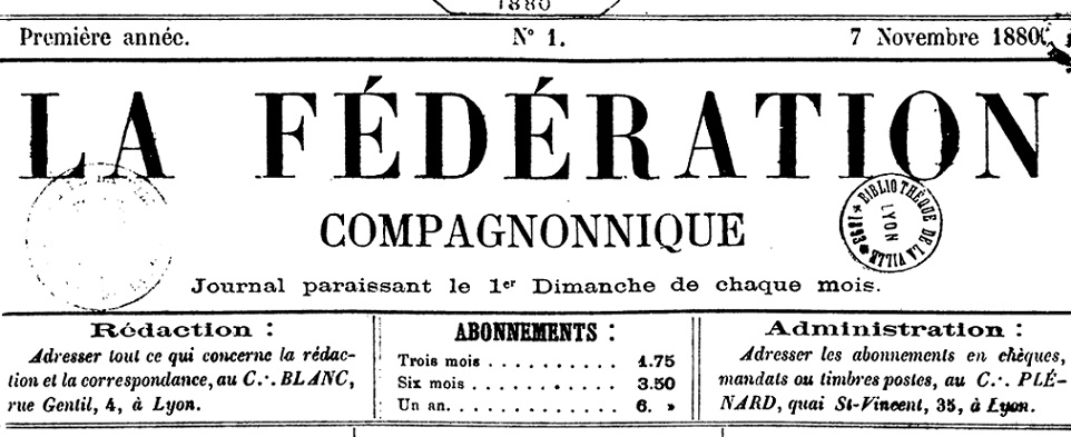 Photo (Bibliothèque municipale (Lyon)) de : La Fédération compagnonnique. Lyon, 1880-[1889 ?]. ISSN 2127-8369.