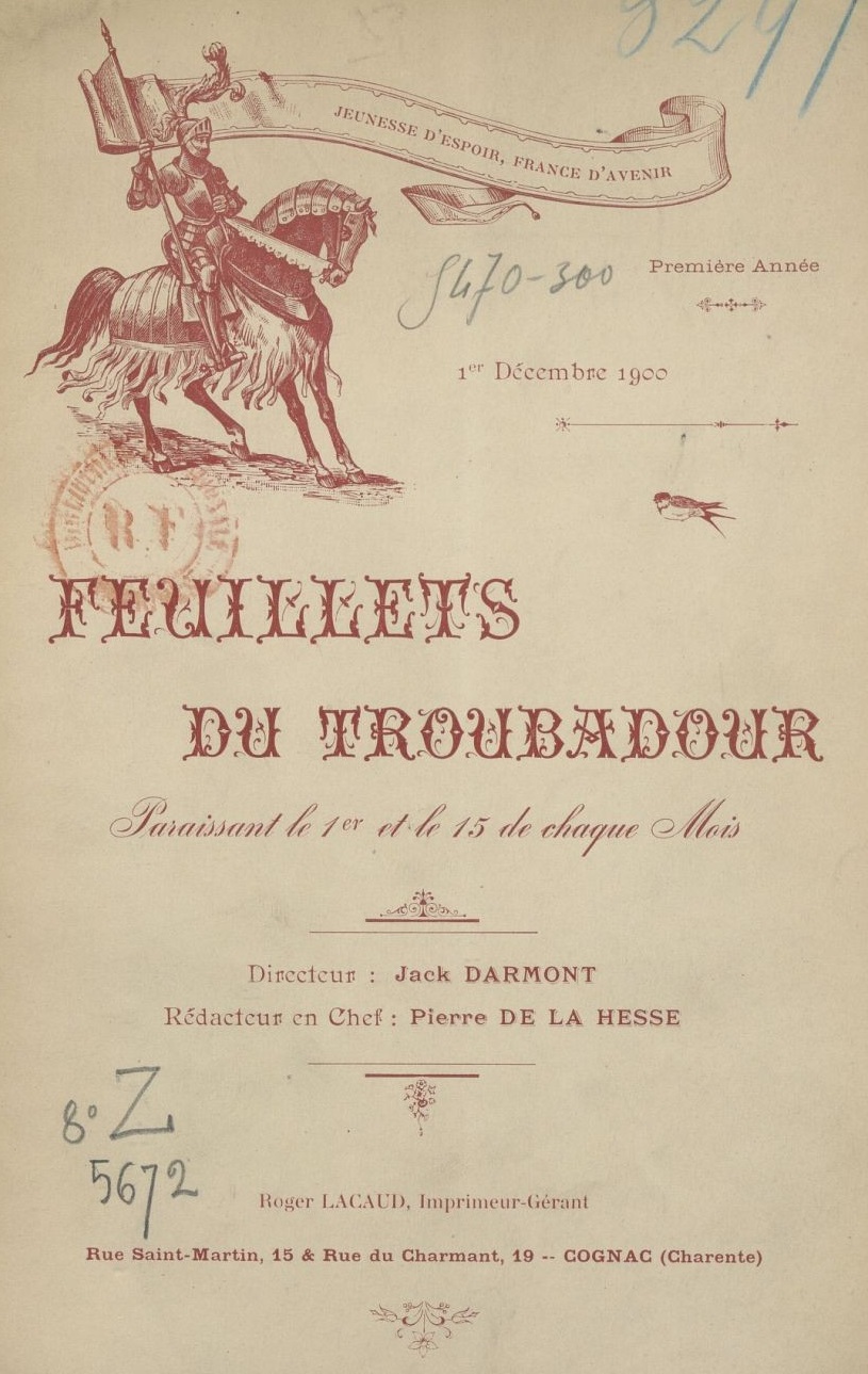 Photo (BnF / Gallica) de : Feuillets du troubadour. Cognac : Roger Lacaud, 1900-1901. ISSN 2740-4285.