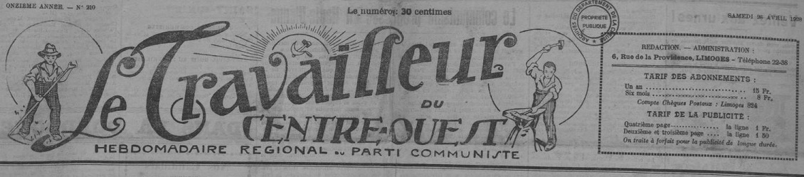 Photo (Creuse. Archives départementales) de : Le Travailleur du Centre-Ouest. Limoges, 1924-1935. ISSN 2138-9381.