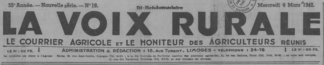 Photo (Creuse. Archives départementales) de : La Voix rurale. Limoges, 1938-1944. ISSN 2140-3201.