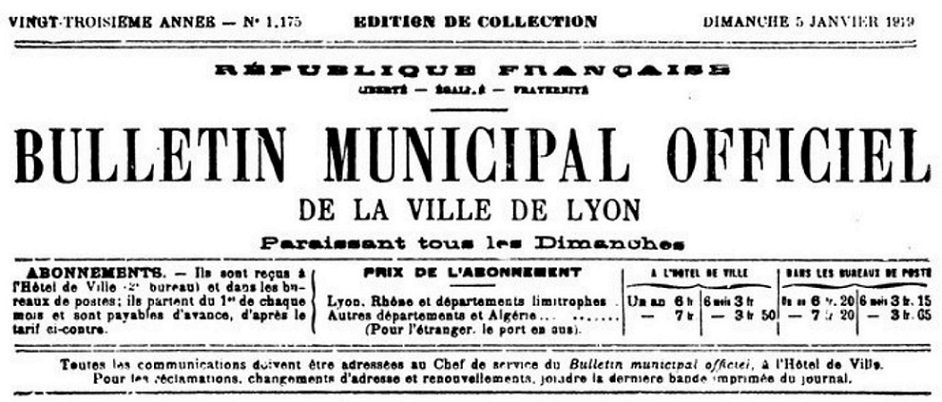 Photo (Bibliothèque municipale (Lyon)) de : Bulletin municipal officiel de la ville de Lyon. Lyon : Mairie, 1896-2022. ISSN 1161-1782.