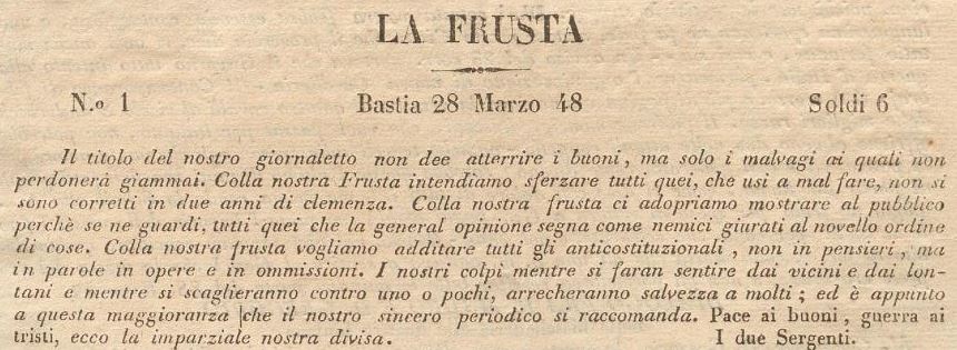 Photo (Fondazione Cassa di risparmio di Bologna) de : La Frusta. Bastia, 1848-[1848 ?]. ISSN 2967-056X.