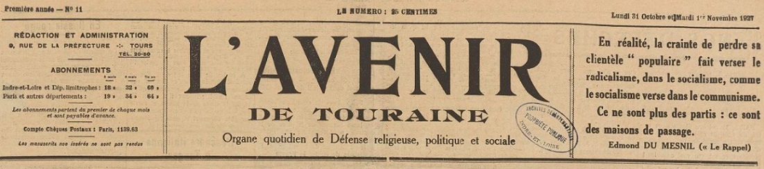 Photo (BnF / Gallica) de : L'Avenir de Touraine. Tours, 1927-1936. ISSN 2121-5456.