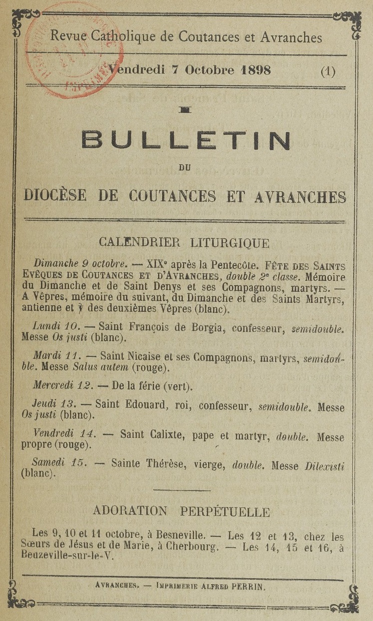 Photo (BnF / Gallica) de : Bulletin du diocèse de Coutances et Avranches. Coutances, 1889-1899. ISSN 2122-854X.
