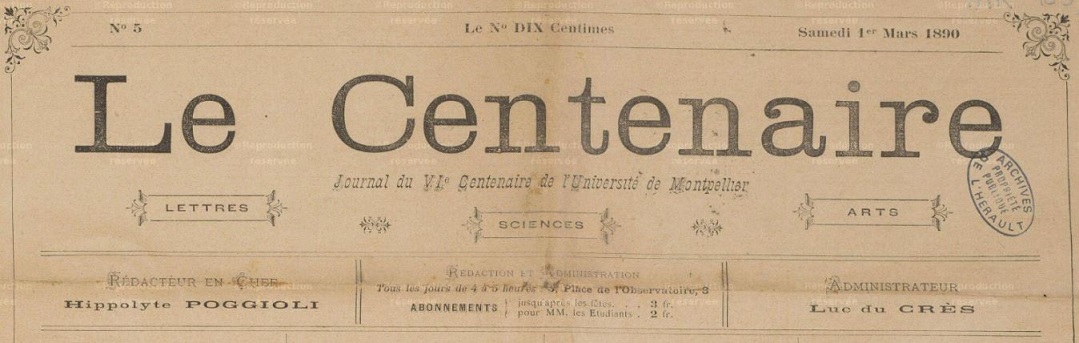 Photo (Hérault. Archives départementales) de : Le Centenaire. Montpellier, 1890. ISSN 2123-5678.