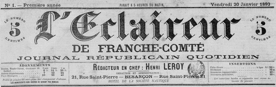 Photo (BnF / Gallica) de : L'Éclaireur de Franche-Comté. Besançon, 1893. ISSN 2024-1267.
