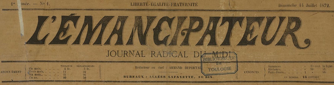 Photo (BnF / Gallica) de : L'Émancipateur. Toulouse, 1872-[1873 ?]. ISSN 2020-7700.
