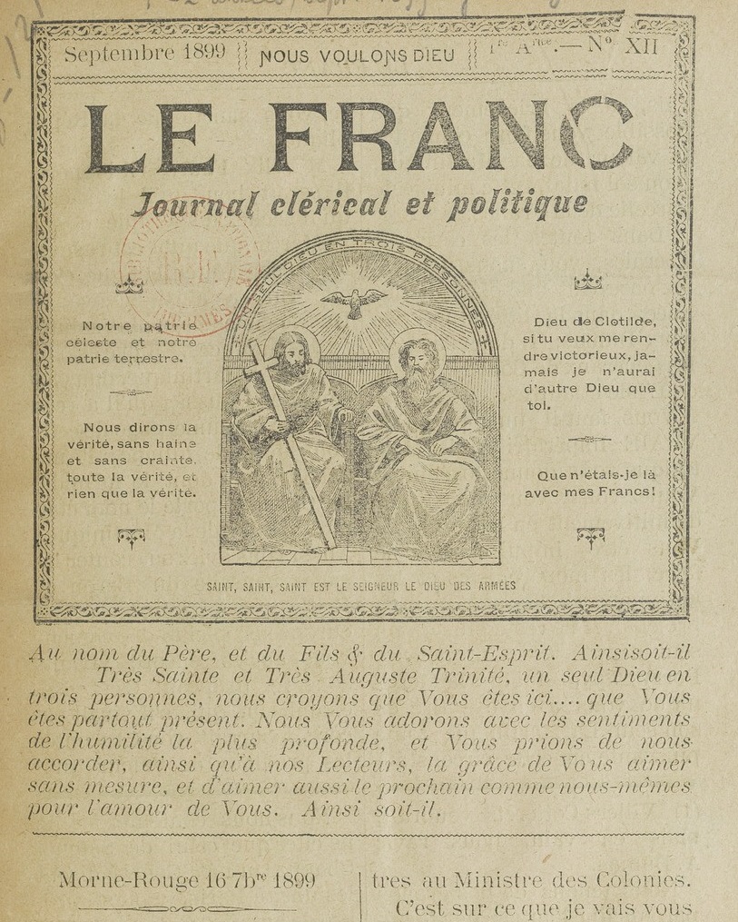 Photo (BnF / Gallica) de : Le Franc. Morne-Rouge : Mlle Hermancia Termada, Saint-Pierre : M. Molinier, 1899-1900. ISSN 2260-4030.