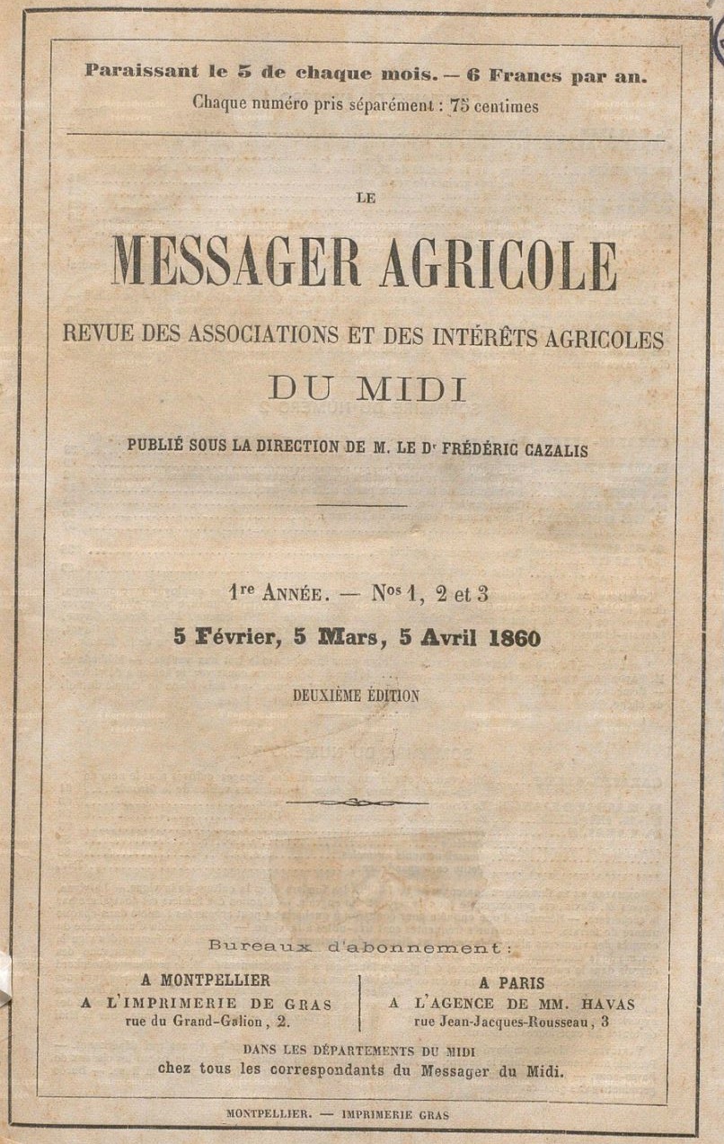 Photo (Hérault. Archives départementales) de : Le Messager agricole. Montpellier, 1860-1907. ISSN 1250-2464.