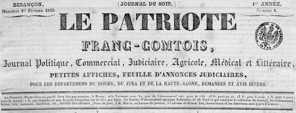 Photo (BnF / Gallica) de : Le Patriote franc-comtois. Besançon, 1832-[1834 ?]. ISSN 2024-7494.