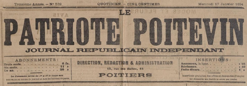 Photo (Vienne (Département). Archives départementales) de : Le Patriote poitevin. Poitiers, 1892-1894. ISSN 2133-756X.