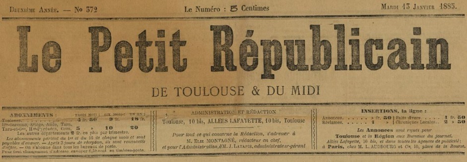 Photo (BnF / Gallica) de : Le Petit républicain de Toulouse et du Midi. Toulouse, 1885-1888. ISSN 1959-9056.