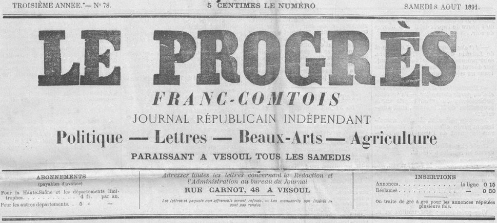 Photo (Bibliothèque municipale (Besançon)) de : Le Progrès franc-comtois. Vesoul, 1889-1899. ISSN 2135-4804.
