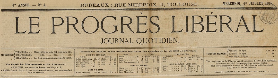 Photo (BnF / Gallica) de : Le Progrès libéral. Toulouse, 1868-[1888 ?]. ISSN 2024-6919.