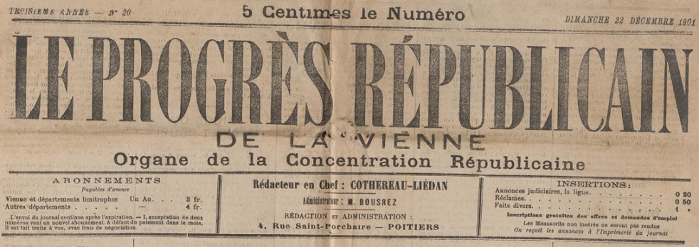 Photo (Vienne (Département). Archives départementales) de : Le Progrès républicain de la Vienne. Poitiers, 1899-[1911 ?]. ISSN 2135-510X.