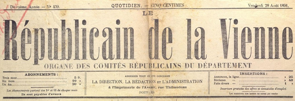 Photo (Vienne (Département). Archives départementales) de : Le Républicain de la Vienne. Poitiers, 1890-1901. ISSN 2136-3277.