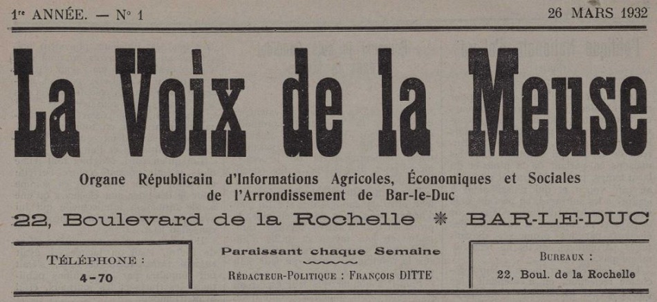 Photo (Meuse. Archives départementales) de : La Voix de la Meuse. Bar-le-Duc, 1932-1933. ISSN 2140-1519.