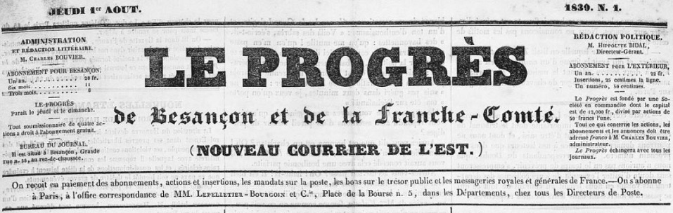Photo (BnF / Gallica) de : Le Progrès de Besançon et de la Franche-Comté. Besançon, 1839-1840. ISSN 2024-8121.