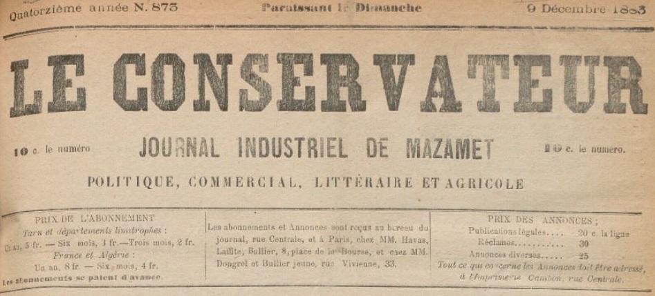 Photo (BnF / Gallica) de : Le Conservateur. Mazamet, 1881-1902. ISSN 2124-3492.