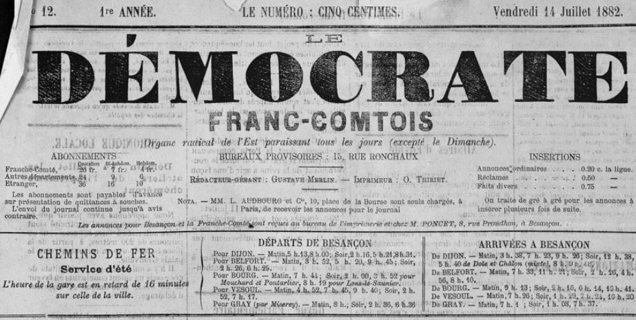 Photo (BnF / Gallica) de : Le Démocrate franc-comtois. Besançon, 1882-1889. ISSN 2023-7766.