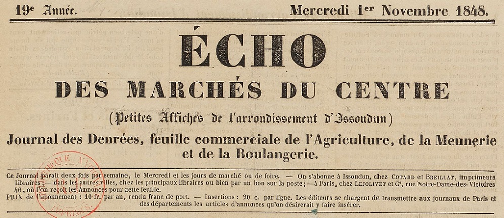 Photo (BnF / Gallica) de : Écho des marchés du Centre. Issoudun, 1845-1944. ISSN 2016-9027.