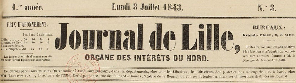 Photo (BnF / Gallica) de : Journal de Lille. Lille, 1843-1852. ISSN 2130-4831.