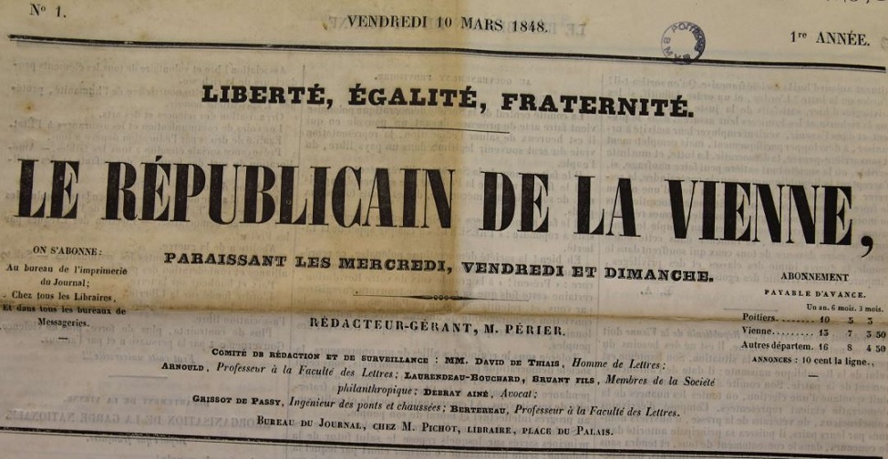 Photo (Médiathèque François-Mitterrand (Poitiers)) de : Le Républicain de la Vienne. Poitiers, 1848. ISSN 2136-3269.