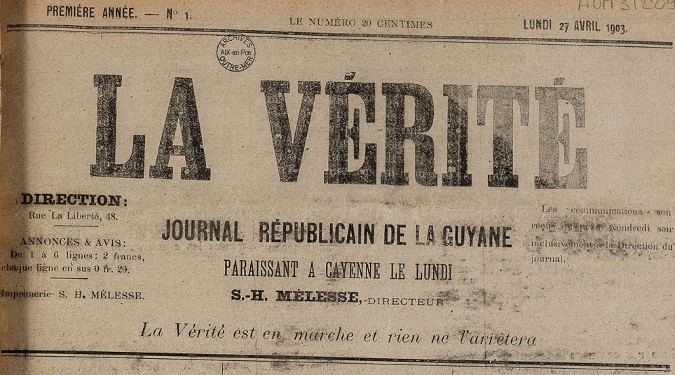 Photo (Archives nationales d'outre-mer (France)) de : La Vérité. Cayenne, 1903. ISSN 2802-1932.