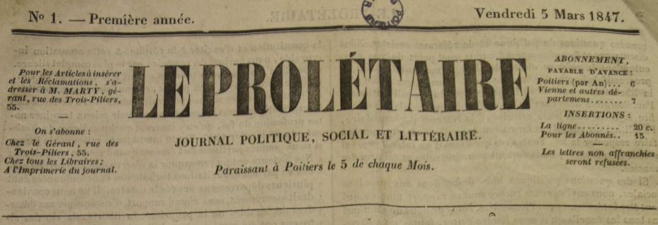 Photo (Médiathèque François-Mitterrand (Poitiers)) de : Le Prolétaire. Poitiers, 1847. ISSN 2804-7060.