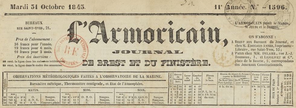 Photo (BnF / Gallica) de : L'Armoricain. Brest, 1833-1869. ISSN 2120-9987.