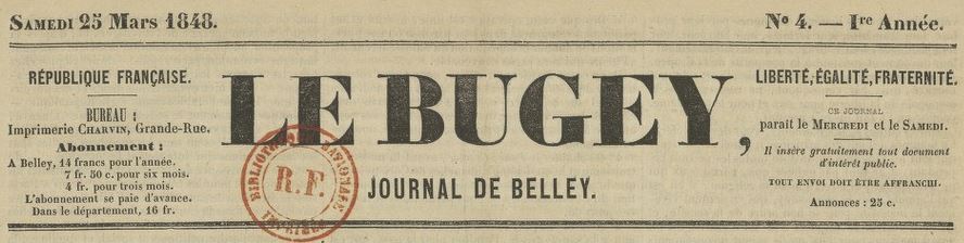 Photo (BnF / Gallica) de : Le Bugey. Belley : Charvin, 1848. ISSN 2122-3270.