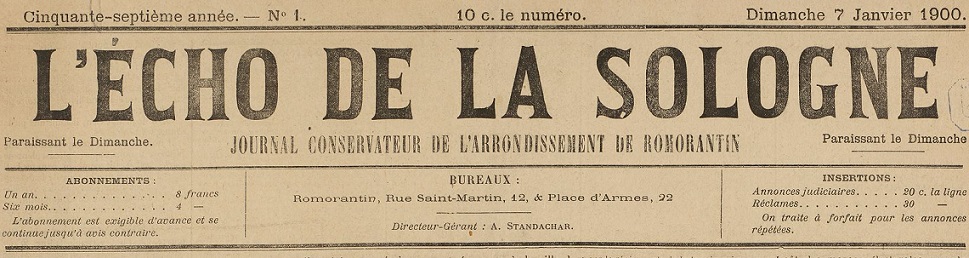Photo (BnF / Gallica) de : L'Écho de la Sologne. Romorantin, 1862-[1940 ?]. ISSN 2126-337X.
