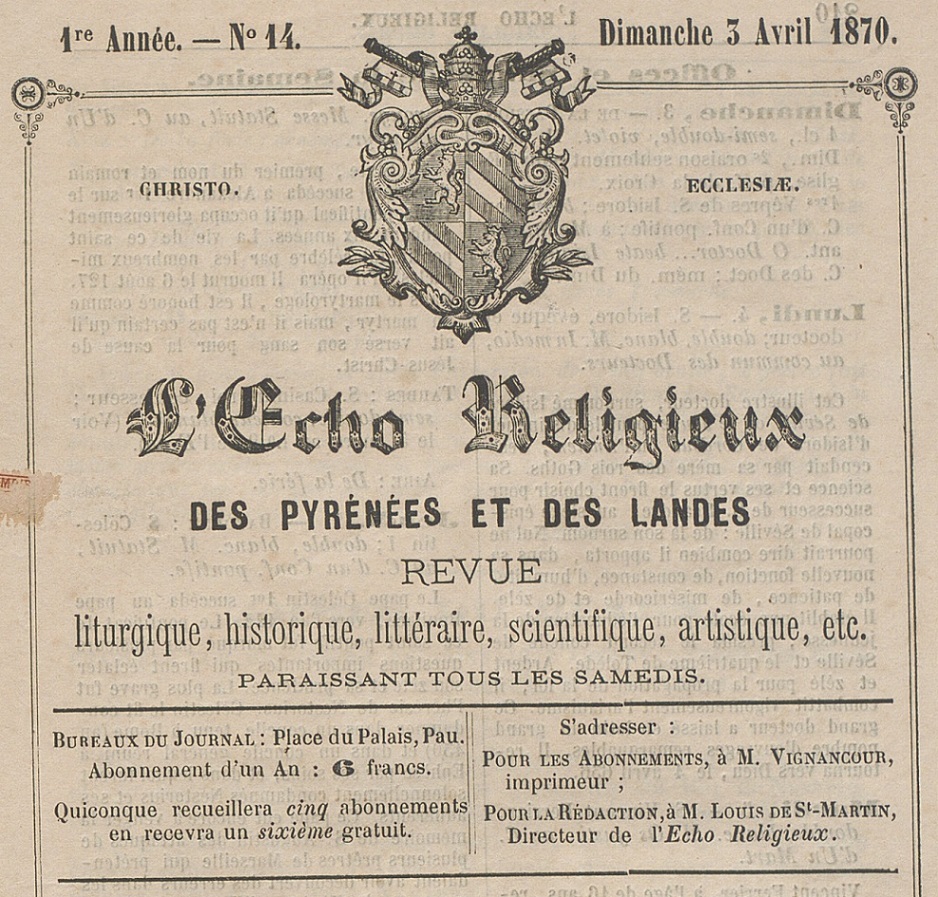 Photo (Finistère. Archives départementales) de : L'Écho religieux des Pyrénées et des Landes. Pau, 1870-1908. ISSN 2017-0378.