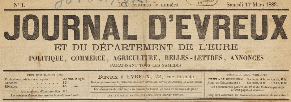 Photo (BnF / Gallica) de : Journal d'Évreux et du département de l'Eure. Évreux, 1883-1944. ISSN 2268-5634.