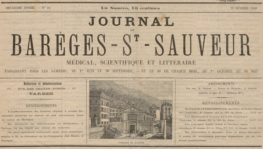 Photo (BnF / Gallica) de : Journal de Barèges-St-Sauveur. Tarbes, [1878-1898 ?]. ISSN 2111-2517.