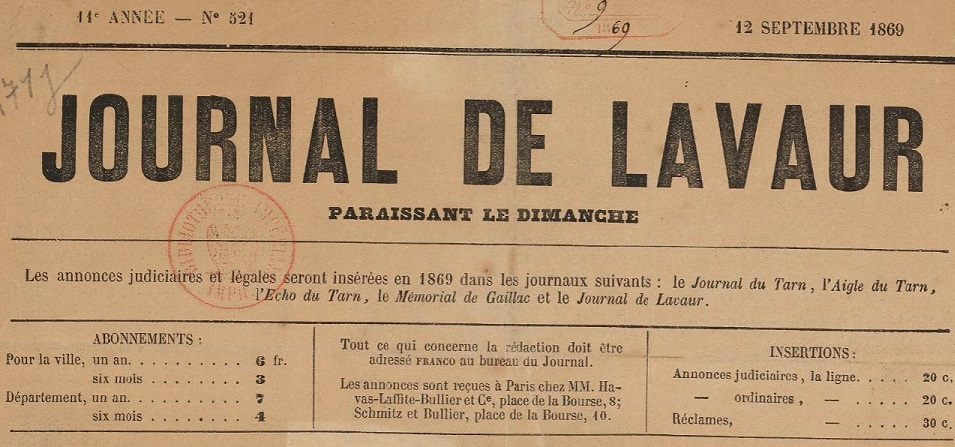 Photo (BnF / Gallica) de : Journal de Lavaur. Lavaur : Vidal, 1859-1944. ISSN 2130-4793.