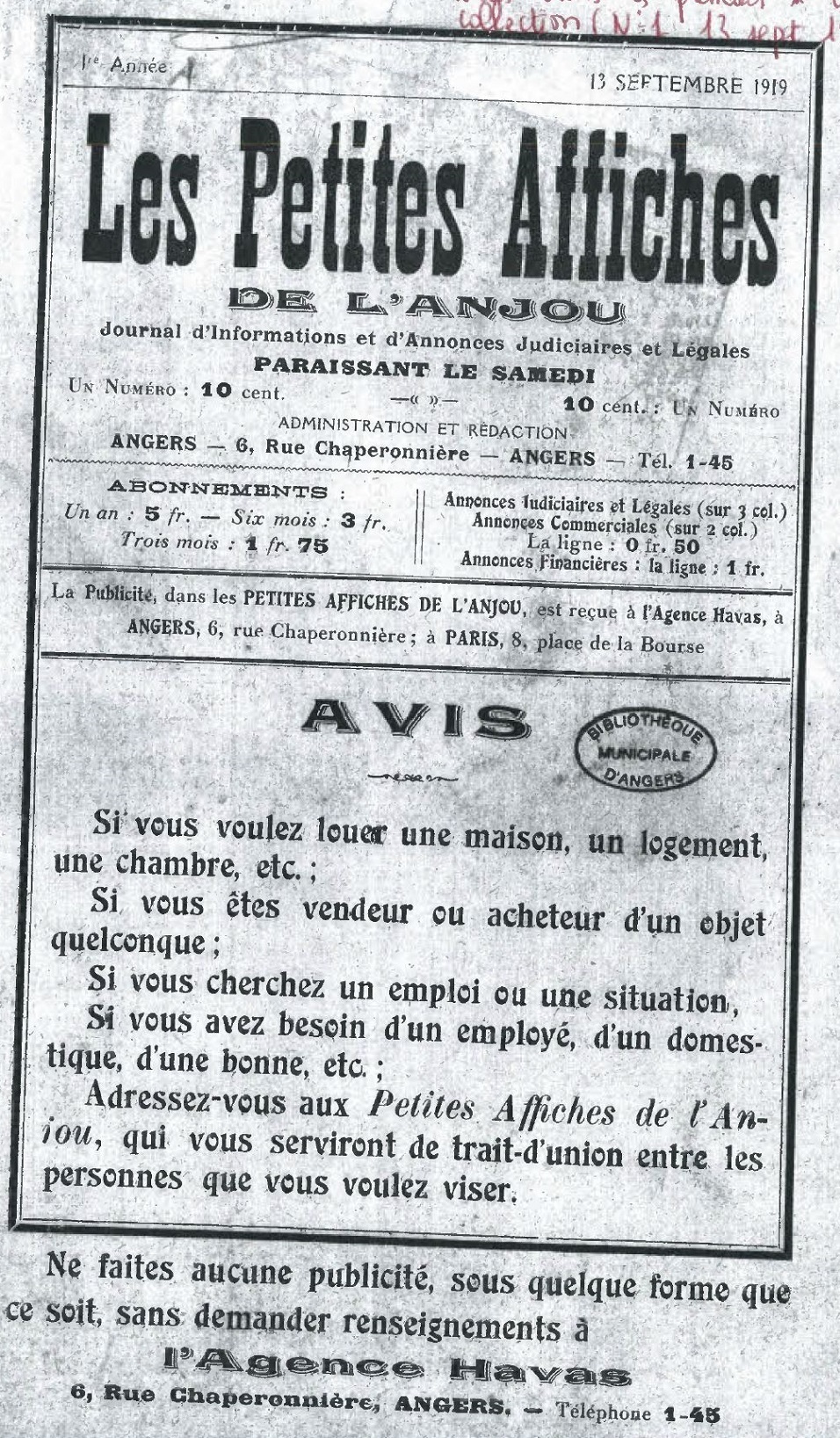 Photo (Bibliothèque municipale (Angers)) de : Les Petites affiches de l'Anjou. Angers, 1919-1956. ISSN 2134-6623.