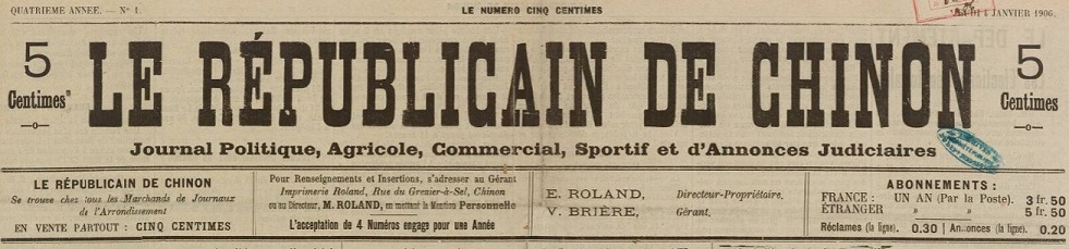 Photo (BnF / Gallica) de : Le Républicain de Chinon. Chinon, 1903-[1944 ?]. ISSN 2136-2564.