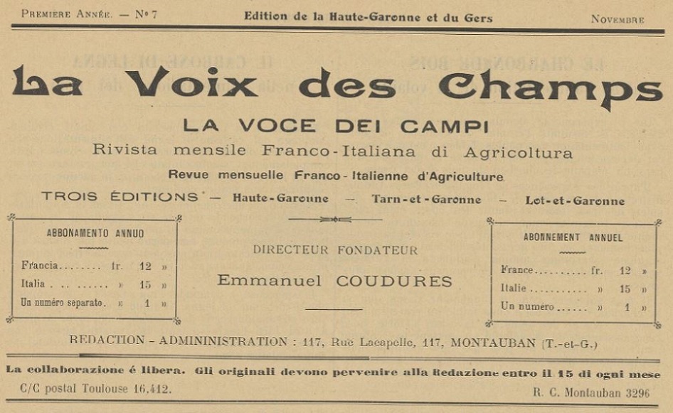 Photo (BnF / Gallica) de : La Voix des champs. Éd. Haute-Garonne et Gers. Montauban, 1926-1927. ISSN 2266-8411.