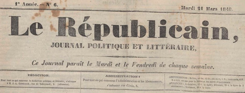 Photo (Bibliothèque municipale (Épernay, Marne)) de : Le Républicain. Reims, 1848. ISSN 2136-2114.