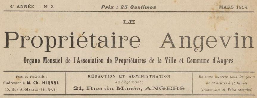 Photo (Maine-et-Loire. Archives départementales) de : Le Propriétaire angevin. Angers, [1914 ?-1918 ?]. ISSN 1273-4381.