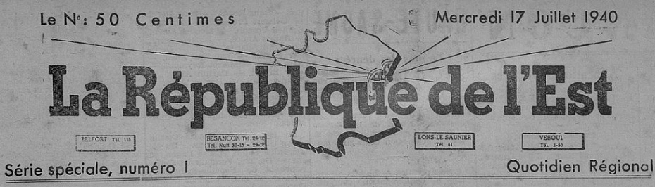 Photo (Bibliothèque municipale (Besançon)) de : La République de l'Est. Besançon, Belfort, Lons-le-Saunier, Vesoul, 1940-1944. ISSN 1770-7102.